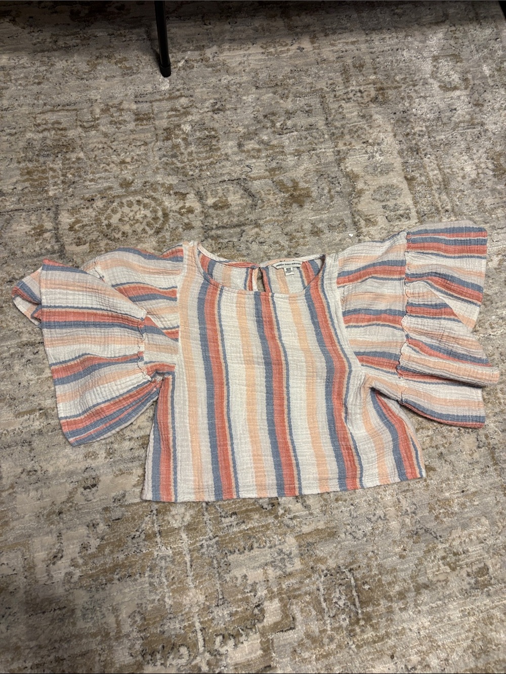 American Eagle Striped Ruffle Sleeve Crop Top - Multi-Color